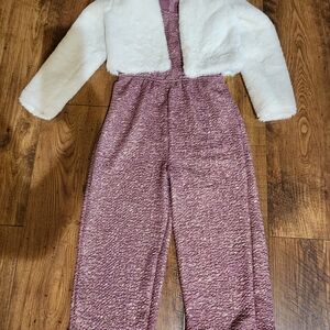 White Faux Fur Jacket and Mauvy Pink and Gold Jumpsuit Set